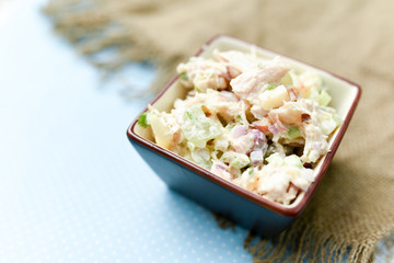 Salad dish with chicken apples nuts and cranberries in a small decorative side dish