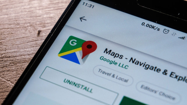 Magelang, Central Java, Indonesia, April 16, 2019. Maps app in play store. close up on the Android Smartphones screen. - Image