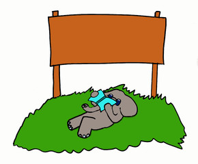 an elephant reading book with sign board