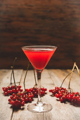 Viburnum martini cocktail with autumn setting on the rustic background. Selective focus. Shallow depth of field.