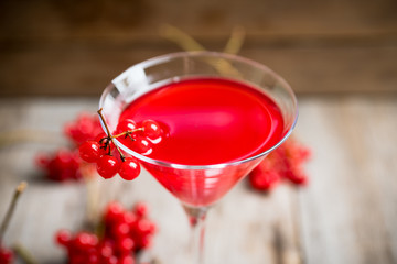 Viburnum martini cocktail with autumn setting on the rustic background. Selective focus. Shallow depth of field.