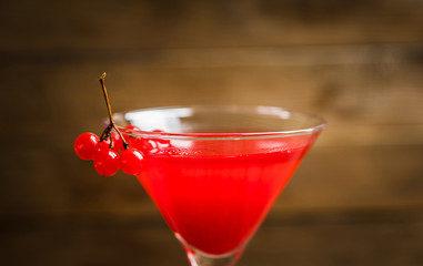 Viburnum martini cocktail with autumn setting on the rustic background. Selective focus. Shallow depth of field.