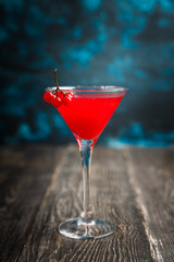 Viburnum martini cocktail with autumn setting on the rustic background. Selective focus. Shallow depth of field.