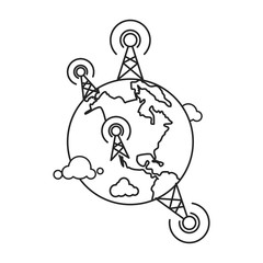 Cell or or mobile towers and globe illustration. Outline thin line style. 