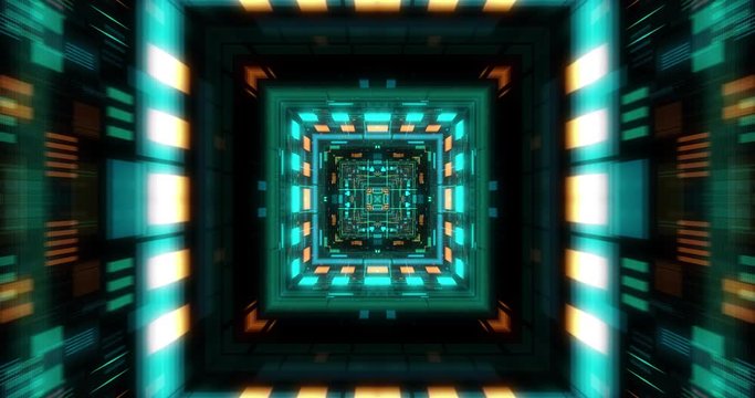 Quantum computer environment with digital technology, processing unit of an advanced Artificial intelligence. Flight through flow of digital information tunnel / cloud computing. loop / 3D render