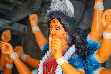 Hindu Goddess Durga Idol in the making at Kumartuli for Durga Puja Festival in Kolkata, West...