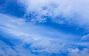 Blue sky with cirrus and cumulus clouds. Sky Background with blank space for text. copy space, top view, flat lay.