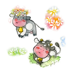 Set of black watercolor cows. Cartoon set of kawaii of happy cows with a wreath and in the meadow. Handmade watercolor
