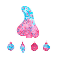 Blue and red watercolor set of Christmas tree and decorated elements  such as balls  isolated on white background. Hand drawn abstract colorful winter holiday  symbols for New year.