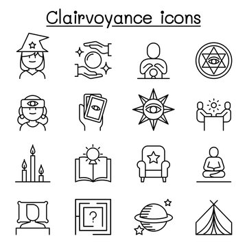 Clairvoyance, fortune teller icon set in thin line style