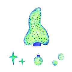 Blue and green watercolor set of Christmas tree and decorated elements  such as balls, circles and stars isolated on white background. Hand drawn abstract colorful winter holiday symbols for New year.