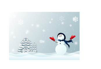 Merry Christmas and happy new year. Lettering Design With Stars And Sparkles. Snowman wearing a Hat and blue scarf, landscape background, snow, banner design. Vector Illustration