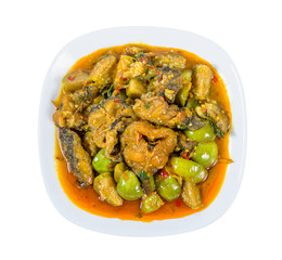 Spicy Fried Stir Catfish isolated on white background,clipping path