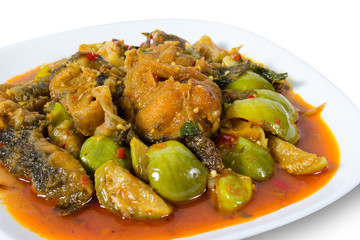 Spicy Fried Stir Catfish isolated on white background,clipping path