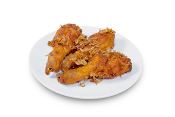 Fried Chicken Drumstick on white dish,isolated on white background,clipping path