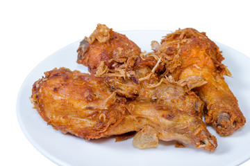 Fried Chicken Drumstick on white dish,isolated on white background,clipping path
