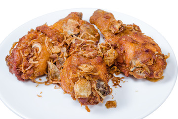 Fried Chicken Drumstick on white dish,isolated on white background,clipping path
