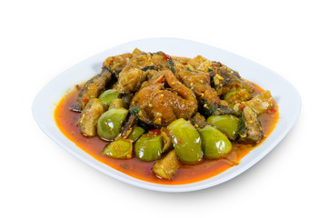 Spicy Fried Stir Catfish isolated on white background,clipping path