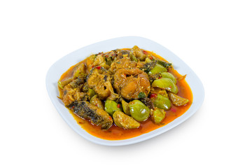 Spicy Fried Stir Catfish isolated on white background,clipping path