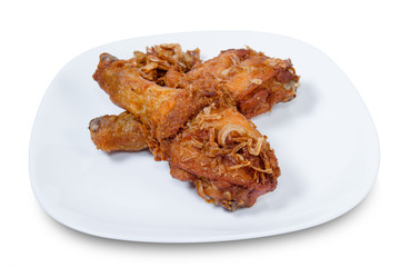 Fried Chicken Drumstick on white dish,isolated on white background,clipping path
