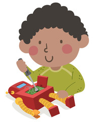 Kid Boy Black Repair Robot Illustration