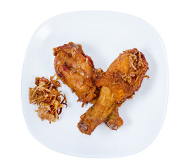 Fried Chicken Drumstick on white dish,isolated on white background,clipping path