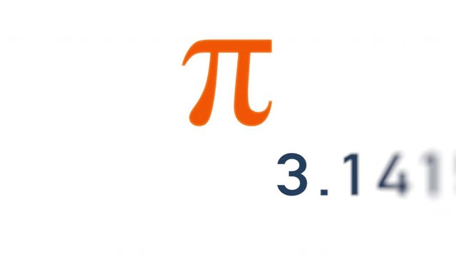 Digits of number Pi move through the frame next to Greek mathematical orange symbol Pi on white background.