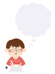 Kid Boy Write Quill Thinking Cloud Illustration