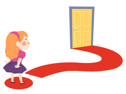 Kid Girl Curiosity Door Question Mark Illustration