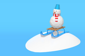 3d rendering of a funny snowman on a children's sled slides off a snow slide. Illustration on a blue background