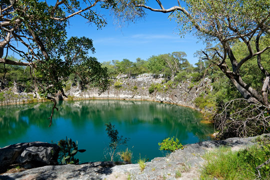 Scenic view of lake Otjikoto - a permanent sinkhole lake near Tsumeb in Northern Namibia .