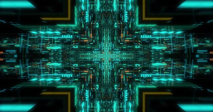 Seamless loop of abstract futuristic technological background, floating circuits, charts, digits elements. Nano chip circuit, modern micro electrons on digital gadget board 3D render