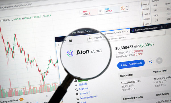 Aion altcoin site under magnifying glass.