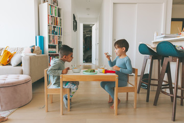 Two children eating lunch together at home.