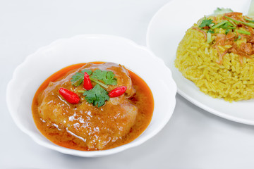 Chicken massaman curry with cooked turmeric jasmine rice
