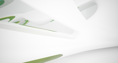 Abstract architectural white and glass gradient color smooth interior of a minimalist house with large windows. 3D illustration and rendering.