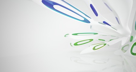 Abstract architectural white and glass gradient color smooth interior of a minimalist house with large windows. 3D illustration and rendering.