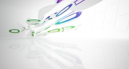 Abstract architectural white and glass gradient color smooth interior of a minimalist house with large windows. 3D illustration and rendering.