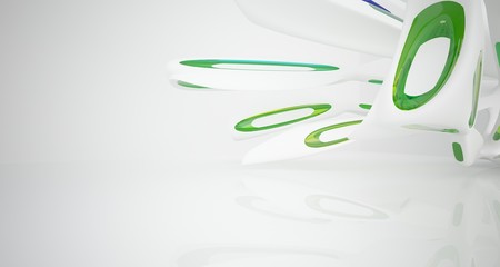 Abstract architectural white and glass gradient color smooth interior of a minimalist house with large windows. 3D illustration and rendering.