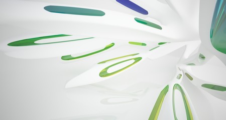 Abstract architectural white and glass gradient color smooth interior of a minimalist house with large windows. 3D illustration and rendering.