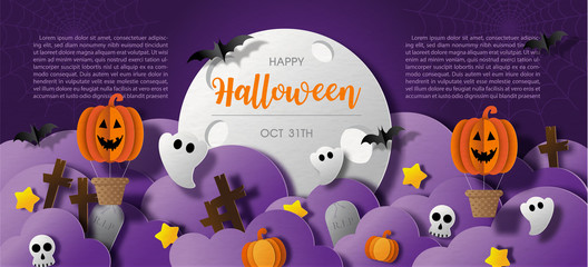 Halloween cute ghosts party in a graveyard scene with violet clouds and giant moon, example texts in paper cut style and web banner design on dark violet background.