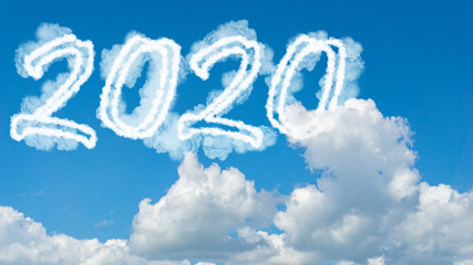 Naklejka na ściany i meble Sunny sky cloud year 2020. Happy New year concept. Numbers 2020 symbol inscription on background of blue sky from white smoke of clouds with bright sun