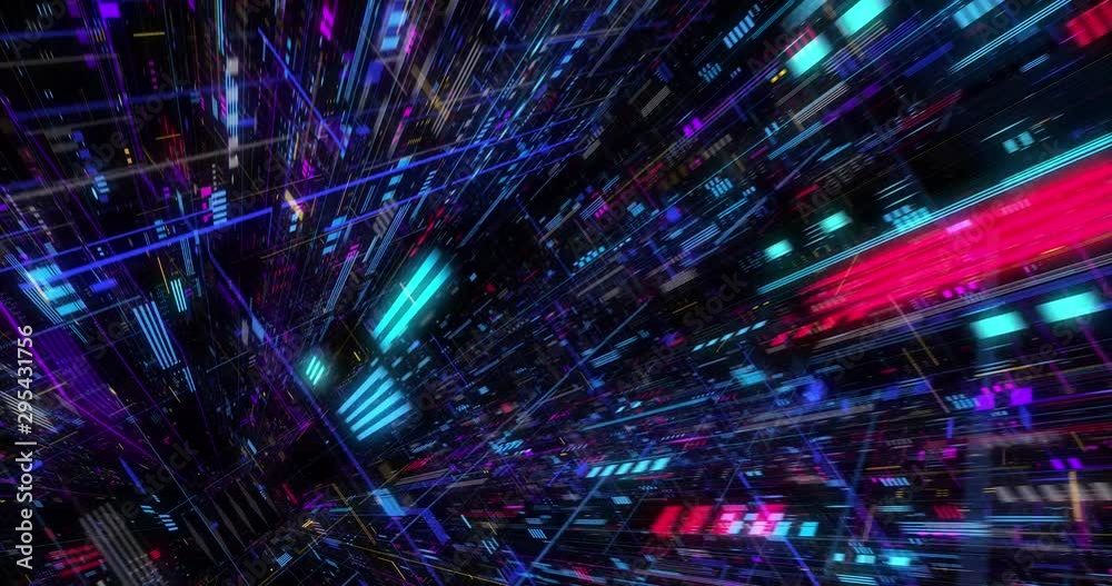 Poster seamless fly through of abstract circuitry with digital grid background, data deep learning computer
