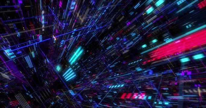 Seamless fly through of abstract circuitry with digital grid background, Data deep learning computer machine. AI artificial intelligence and ML machine learning concept. loop, 3D render