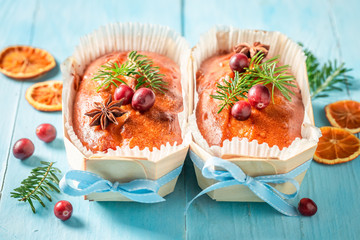 Delicious and homemade Fruitcake for Christmas decorated with spruce