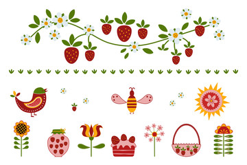 Folk art. Picking strawberry. Clip art of summer items on white background