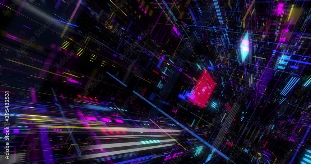 Poster seamless loop of abstract matrix hologram digital data flow. fly through time and space, warp throug