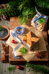 Top view of poppy seed cake for Christmas