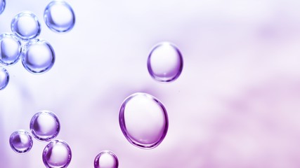 transparent gas bubbles on water surface. Worms-eye low angle with crystal bubbles in purified water on pink, purple, violet background. cosmetic backdrop with copy space