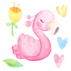 Cute cartoon illustration. Hand drawn watercolor. Set of tropical pink flamingos, heart, leaf, flowers. The template is isolated on a white background.